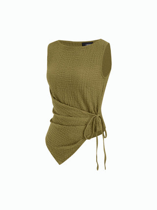 Texture Boat Neck Asymmetrical Hem Top & Mid Rise Straight Leg Trousers Set