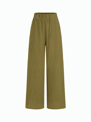 Texture Boat Neck Asymmetrical Hem Top & Mid Rise Straight Leg Trousers Set