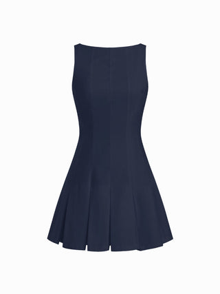 Linen-blend Boat Neck Pleated A-line Mini Dress