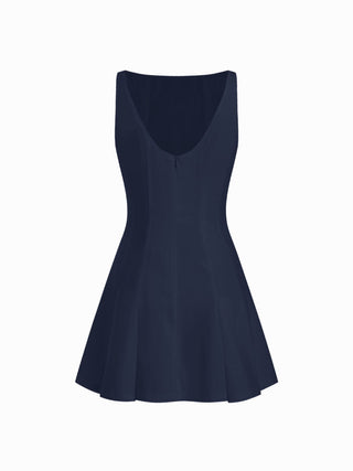Linen-blend Boat Neck Pleated A-line Mini Dress