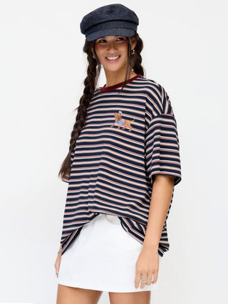 Stripe Dog Graphic Middle Sleeve Oversized Tee
