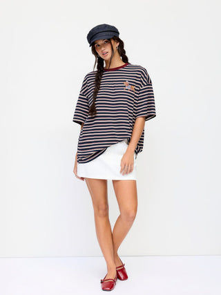 Stripe Dog Graphic Middle Sleeve Oversized Tee