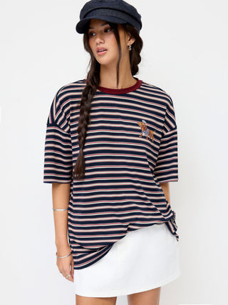 Stripe Dog Graphic Middle Sleeve Oversized Tee