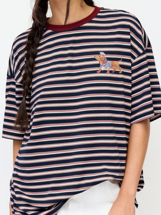 Stripe Dog Graphic Middle Sleeve Oversized Tee