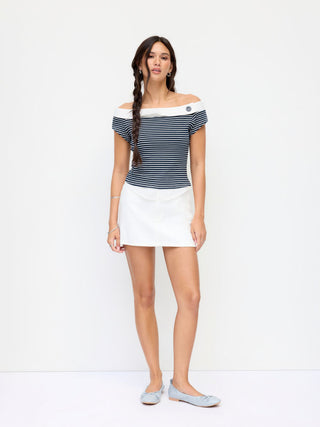 Cotton-blend Striped Asymmetrical Neck Short Sleeve Tee