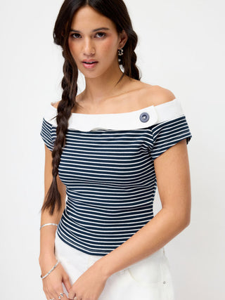 Cotton-blend Striped Asymmetrical Neck Short Sleeve Tee