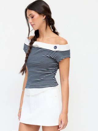 Cotton-blend Striped Asymmetrical Neck Short Sleeve Tee
