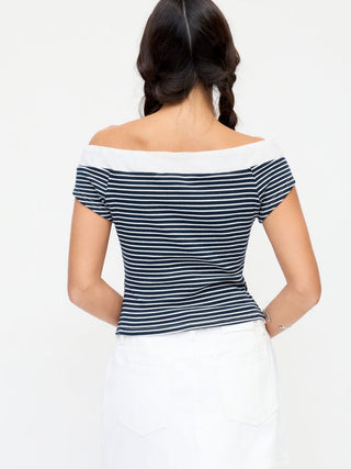 Cotton-blend Striped Asymmetrical Neck Short Sleeve Tee