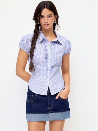 Cotton Striped Puff Sleeve Ruched Blouse