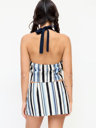 Cotton-Blend Stripe Sailor Collar Halter Top & Low Rise Shorts Set