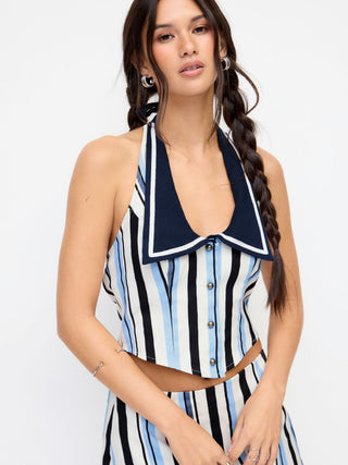 Cotton-Blend Stripe Sailor Collar Halter Top & Low Rise Shorts Set