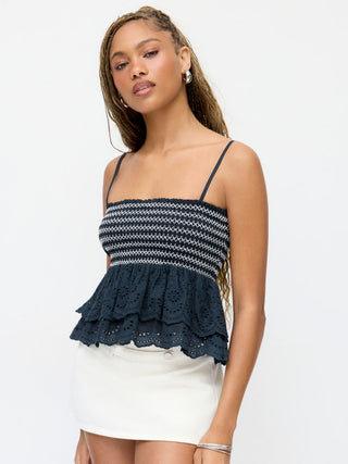 Cotton-blend Broderie Anglaise Shirred Tiered Ruffle Crop Cami Top