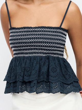 Cotton-blend Broderie Anglaise Shirred Tiered Ruffle Crop Cami Top