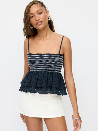 Cotton-blend Broderie Anglaise Shirred Tiered Ruffle Crop Cami Top