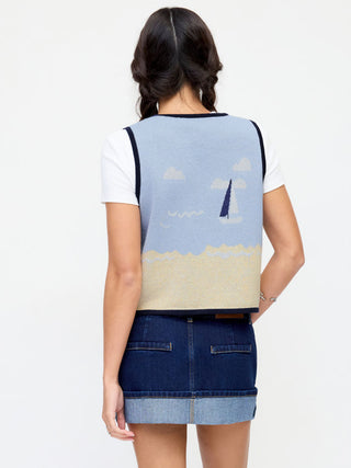 Knit Cotton-blend Beach Scenery Graphic Embroidery Tie Front Vest