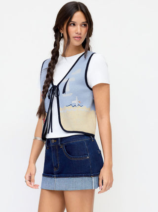 Knit Cotton-blend Beach Scenery Graphic Embroidery Tie Front Vest