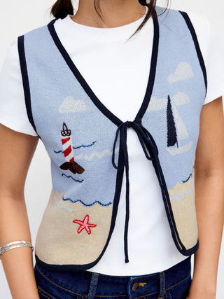 Knit Cotton-blend Beach Scenery Graphic Embroidery Tie Front Vest