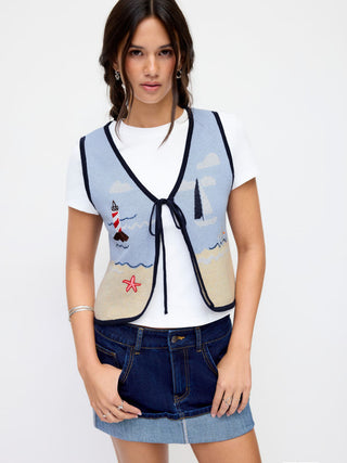 Knit Cotton-blend Beach Scenery Graphic Embroidery Tie Front Vest