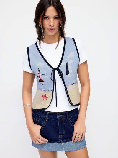 Knit Cotton-blend Beach Scenery Graphic Embroidery Tie Front Vest