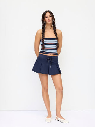 Cotton-blend Terry Low Rise Drawstring Pleated Mini Skirt