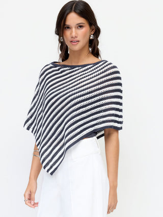 Knit Striped Asymmetrical Hem Oversized Poncho Top