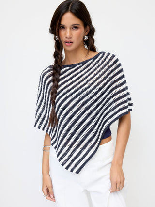 Knit Striped Asymmetrical Hem Oversized Poncho Top