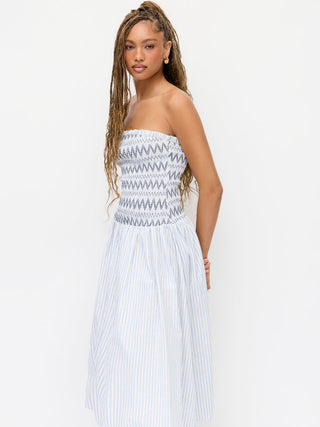 Cotton Striped Bandeau Ruched A-line Maxi Dress