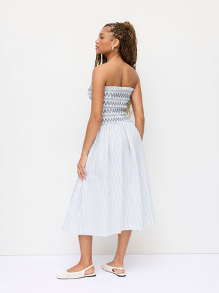 Cotton Striped Bandeau Ruched A-line Maxi Dress