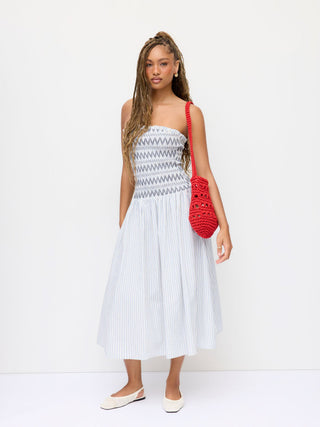 Cotton Striped Bandeau Ruched A-line Maxi Dress