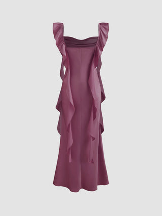 Satin Cowl Neck Solid Ruffle Hem Maxi Dress