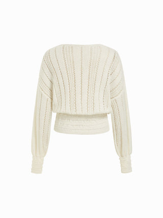 Knit Fabric Boat Neck Crochet Shirred Long Sleeve Top