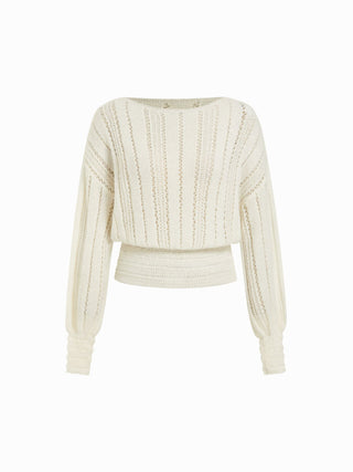 Knit Fabric Boat Neck Crochet Shirred Long Sleeve Top