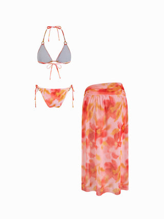 Halter Tie Dye Tie Side Bikini Three Piece Swimsuit with Ring Detail