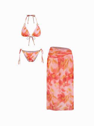 Halter Tie Dye Tie Side Bikini Three Piece Swimsuit with Ring Detail