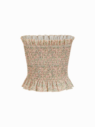 Floral Strapless Shirred Ruffle Hem Crop Bandeau Top