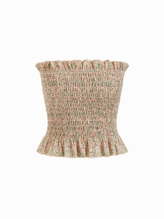 Floral Strapless Shirred Ruffle Hem Crop Bandeau Top