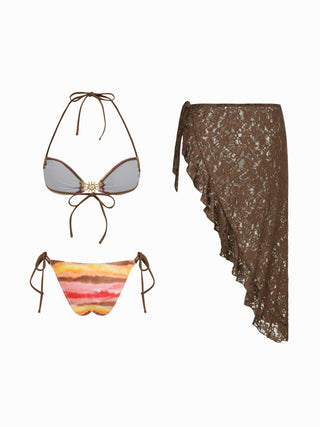 Sun Charm Tie-Dye Tie Side Bikini Set with Lace Sarong