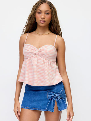 Gingham Sweetheart Neck Bowknot Peplum Crop Cami Top