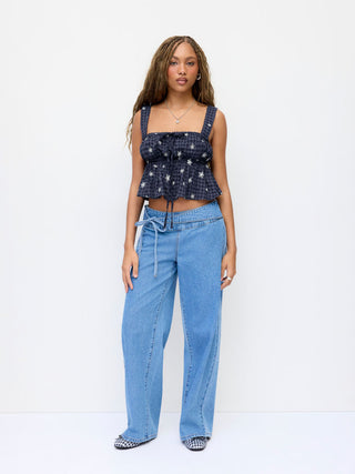 Cotton-blend Gingham Floral Lace Trim Tie Front Crop Cami Blouse