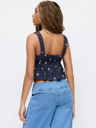 Cotton-blend Gingham Floral Lace Trim Tie Front Crop Cami Blouse