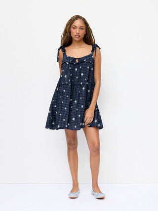 Cotton-blend Gingham Floral Graphic Bowknot Ruffled Tiered Oversized Babydoll Mini Dress