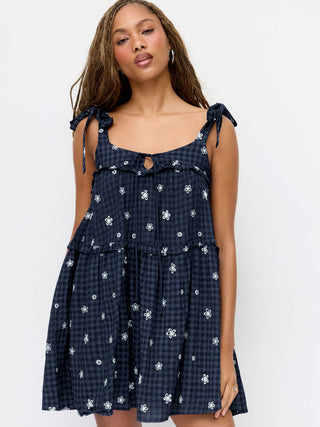 Cotton-blend Gingham Floral Graphic Bowknot Ruffled Tiered Oversized Babydoll Mini Dress