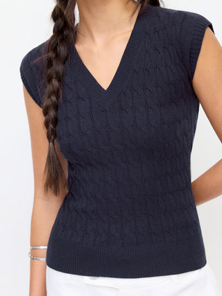 Cable Knit V-neck Twist Knotted Tank Top