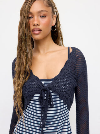 Knit Crochet Hollow Out Bell Sleeve Knotted Oversized Cardigan