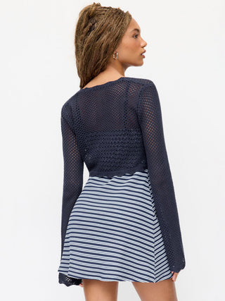 Knit Crochet Hollow Out Bell Sleeve Knotted Oversized Cardigan