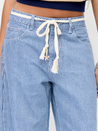 Denim Mid Rise Striped Barrel-leg Jeans with Belt