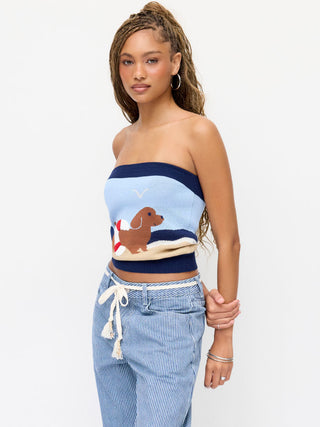 Knit Cotton Dog Graphic Strapless Embroidery Bandeau Top