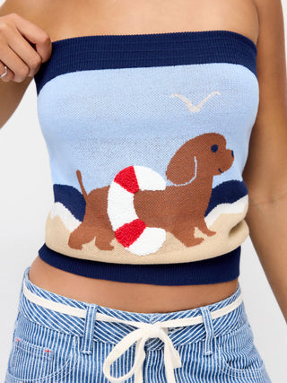 Knit Cotton Dog Graphic Strapless Embroidery Bandeau Top