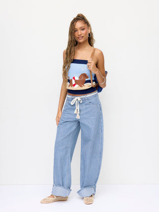 Knit Cotton Dog Graphic Strapless Embroidery Bandeau Top
