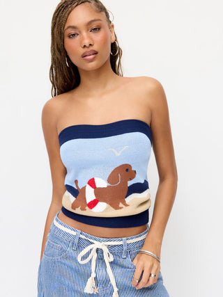 Knit Cotton Dog Graphic Strapless Embroidery Bandeau Top